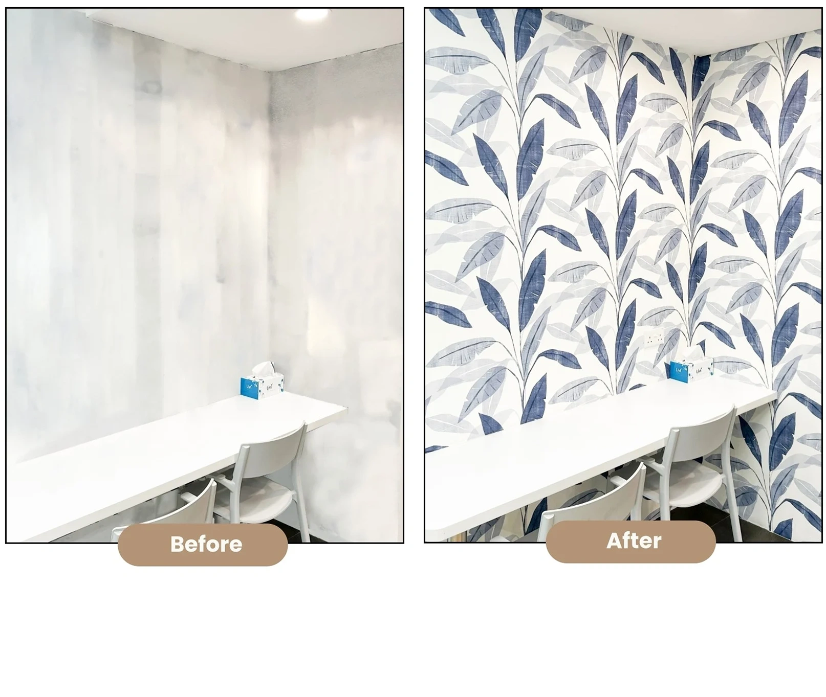 Wall: Before and after blue leaf pattern wallpaper